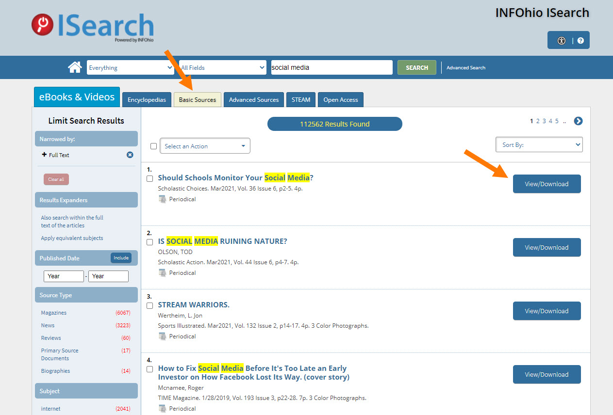 Basic Sources tab in INFOhio's ISearch
